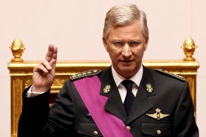 King Philippe of Belgium takes the oath during a swearing in ceremony at the Belgian Parliament in Brussels